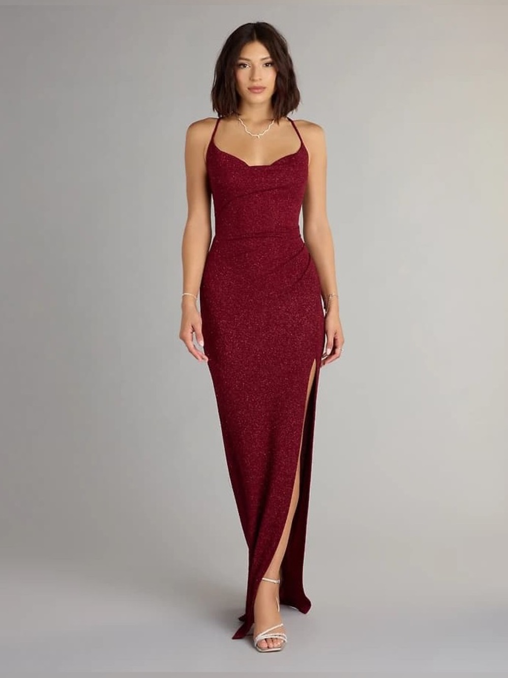 Windsor Amirah Formal Glitter Rhinestone Cowl Neck Maxi Dress Size L Burgundy